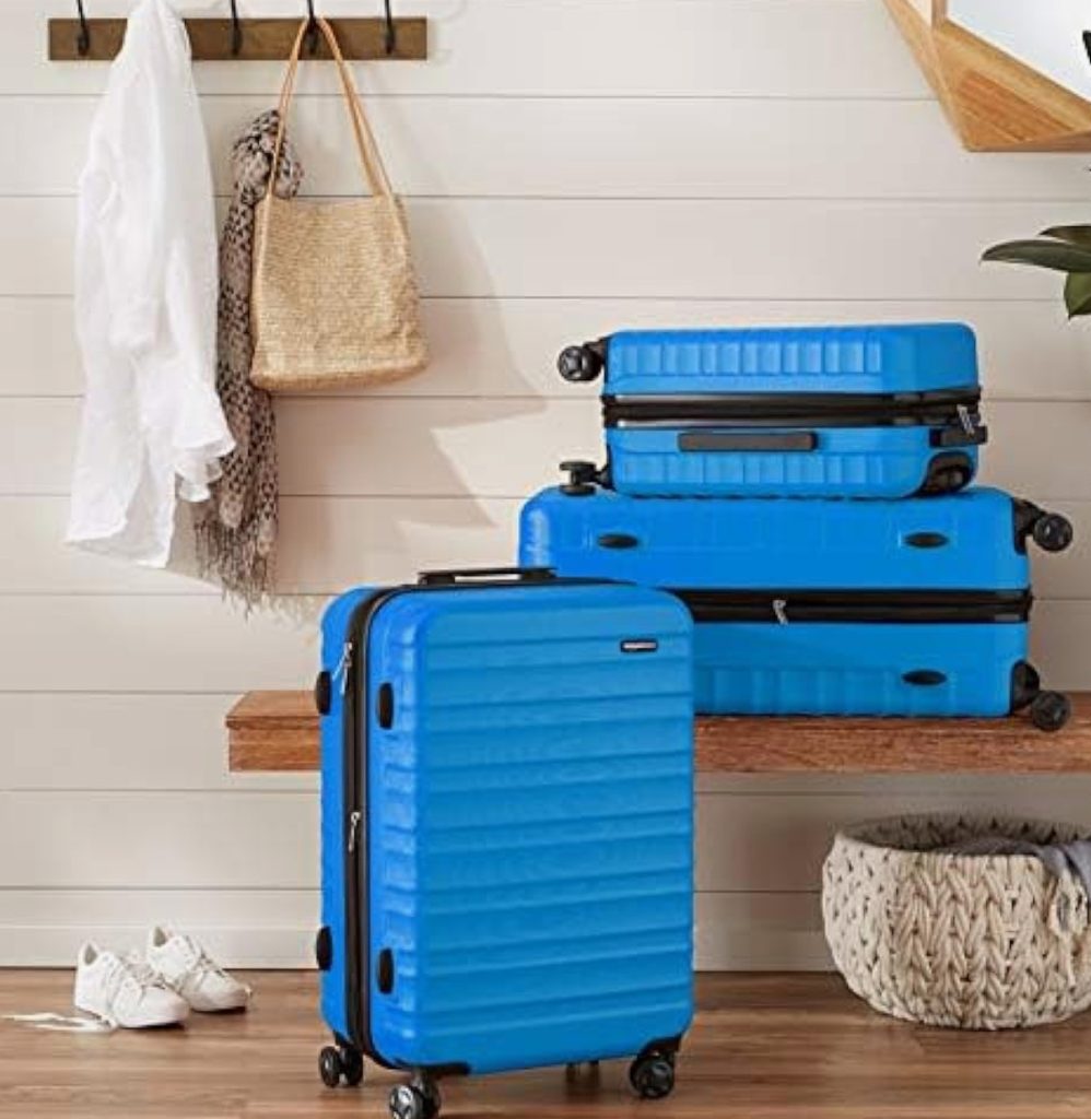 Hard-back, colorful luggage with wheels