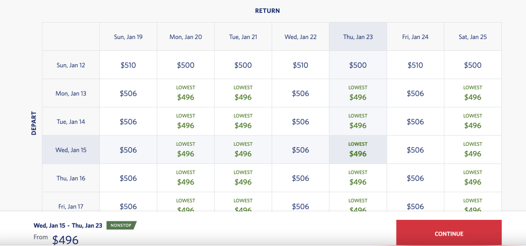 Delta site showing Best Price Calendar